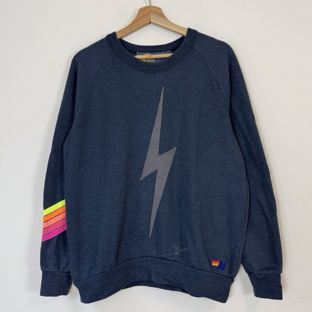 Aviator Nation Lightning Bolt Chevron 5 Stripe Grey Crewneck Sweatshirt - Medium